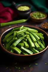 Fresh Harvest: A Beautiful Display of Vibrant and Glossy Okra (Bhindi) vegetables on a Rustic wooden Background