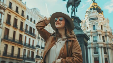 Young happy woman exploring center of Madrid. visiting famous landmarks and places.Cheerful female traveler at famous Plaza Mayor square admiring statue of Philip III.Spain travel experience.