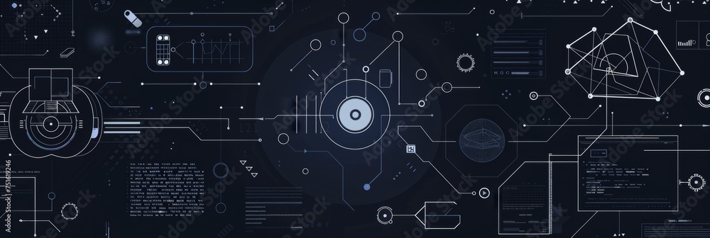 Poster an image of a dark background with various technology concepts generative ai