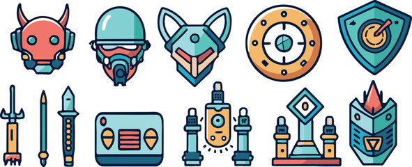 Set Greyscale cyberpunk video game symbol. Hand drawn vector illustration