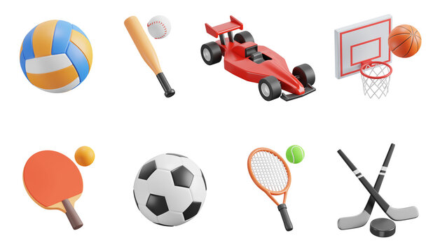Sport 3d icon set. Sports disciplines. Volleyball, baseball bat, racing car, basketball hoop with ball, table tennis racket, soccer ball, tennis racket, hockey sticks and puck. Transparent background