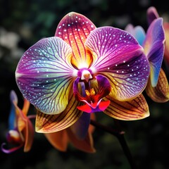 Realistic close up shot of a rainbow orchid. photo close up on flower with multicolored petal, Ai generated
