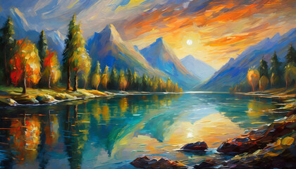 Abstract oil painting of mountains, river or lake and forest. Dramatic sky. Beautiful natural landscape.