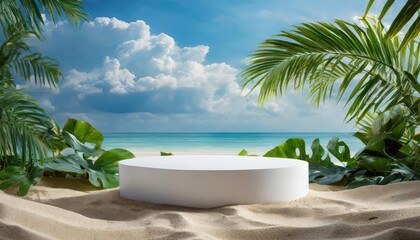 white podium in round-shaped displayed on the sand with a big tree branch and some green tropical leaves in the foreground