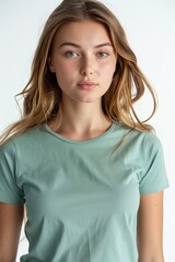 Fototapeta premium Experience a wide-angle view of a young Caucasian woman donning a light green round neck t-shirt made of smooth, unwrinkled fabric, set against a clean white background