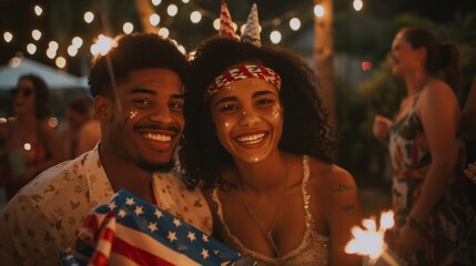 Obraz na płótnie Canvas Couple Celebrating 4th of July with Patriotic Spirit and Afrofuturism