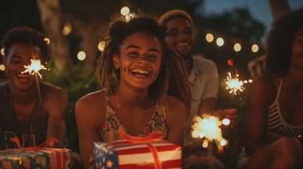 Woman Smiling at Camera with Sparkler during Patriotic Birthday Party