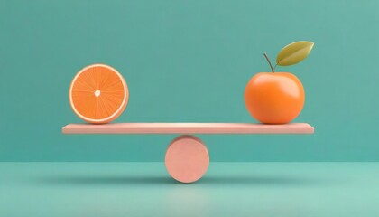 Balanced composition with a halved orange and an apple on a seesaw.
