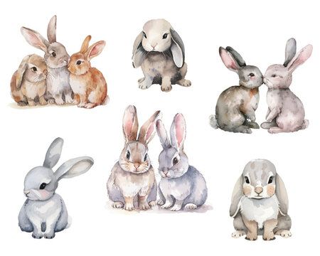 Big set of watercolor rabbits. Cute rabbits on an isolated background. Easter symbol. Watercolor illustration. Vector.