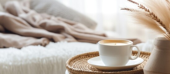 A cup of coffee sits atop a wicker tray, placed on a glass white table with a metal vase in the background. This image represents a cozy home interior concept.