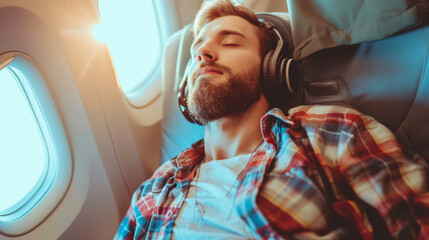 A man wearing headphones is peacefully asleep in an airplane seat, positioned against the backdrop of a window. - obrazy, fototapety, plakaty
