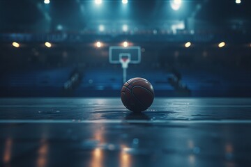 intensity of a basketball ball resting on the floor of a basketball arena, captured from a low angle amidst dim lighting and a dark blue ambiance. Immensely detailed and hyper-realistic - obrazy, fototapety, plakaty