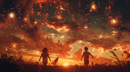 Children Enjoying Fireworks on a Summer Evening