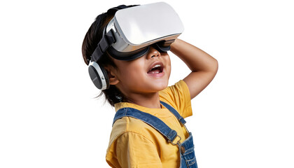 Asian boy wears VR while testing augmented reality technology in studio on transparent background.