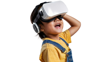 Asian boy wears VR while testing augmented reality technology in studio on transparent background.