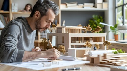 Architect Model Designer Working on Model House in Office
