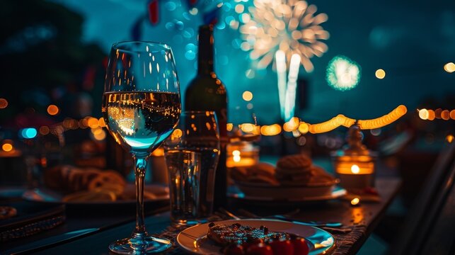 Wine Glass with Fireworks on Extravagant Outdoor Table