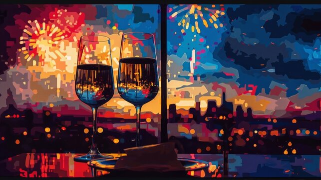 Two Glasses of Champagne and Fireworks in an Abstracted Cityscape