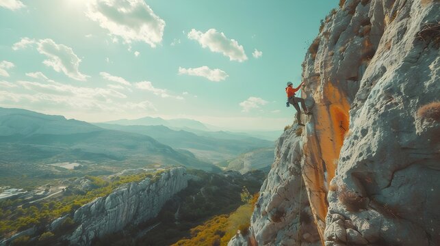 Rock Climber Ascending a Mountain Peak in the Spanish Mountains