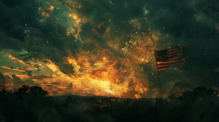 American Flag in a Forest Fire