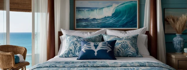 Fotobehang Coastal-inspired bedroom with a canopy bed and ocean-themed decor © xKas