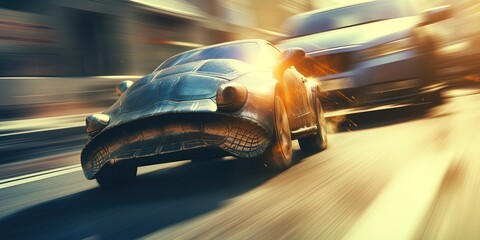 Obraz premium Super fast turtle running at high speed on the street between cars in strategy and innovation concept