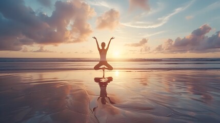 Woman Practicing Yoga on the Beach at Sunset in Whimsical Style - obrazy, fototapety, plakaty
