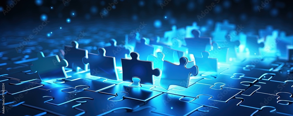 Poster connecting a jigsaw puzzle with glowing blue. low polygon or low poly design and triangle style desi