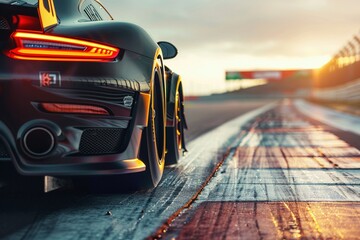 The smooth asphalt of an international race track sets the stage as a race car revs up at the starting line, ready to ignite the track. A skilled racer maneuvers the high-speed racing car - obrazy, fototapety, plakaty