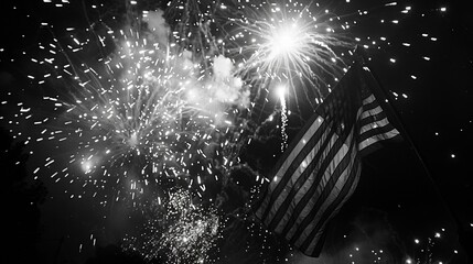 Black and White Fireworks with American Flag on 4th of July