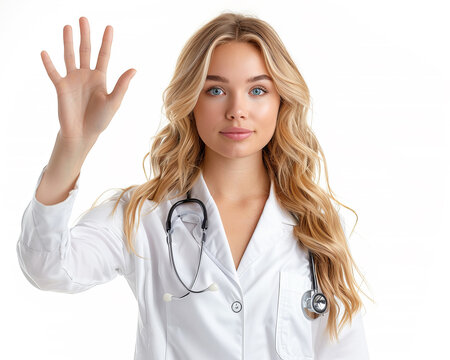 Young female doctor shows palm up gesture. Welcome or stop sign