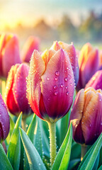 Fototapeta premium A close-up photo of a tulips with morning dew drops. Perfect image for greeting cards, flower shop promotions, and showcasing the intricate details of nature's awakening.