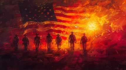 American Flag with Veterans and Firefighter in Patriotic Apocalypse Style