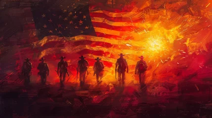Photo sur Plexiglas Rouge 2 American Flag with Veterans and Firefighter in Patriotic Apocalypse Style