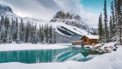 Beautiful view of Emerald Lake with snow covered and wooden lodge glowing in rocky mountains and pine forest on winter