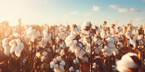 Cotton farm during harvest season. Field of cotton plants with white bolls. Sustainable and eco-friendly practice on a cotton farm. Organic farming. Raw material for textil - obrazy, fototapety, plakaty