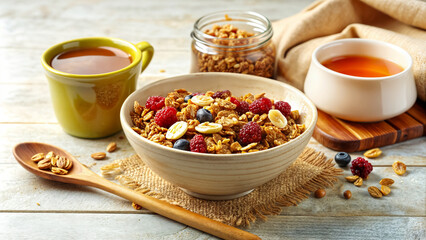 An image of granola with berries and honey.  Perfect for health food blog visuals, recipe websites featuring healthy breakfasts, and promoting nutritious and delicious mornings.