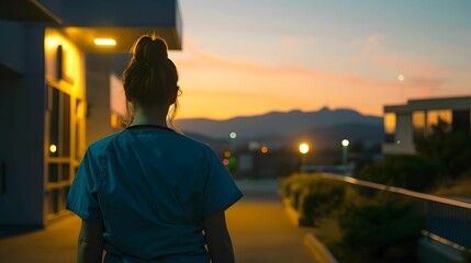 Healthcare worker at dawn beginning of shift commitment to care - obrazy, fototapety, plakaty