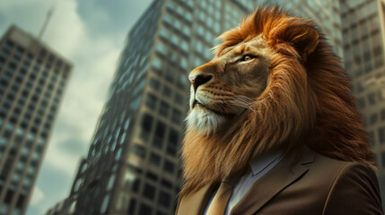 Majestic Lion in Business Attire Overlooking the Urban Jungle