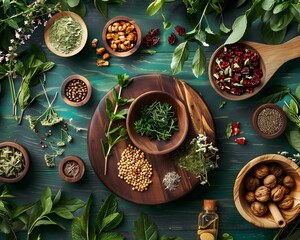 Herbal medicine natural remedies alongside traditional pills holistic care - obrazy, fototapety, plakaty