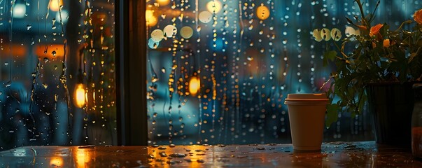 Intimate coffee shop interior rain on window soft jazz warm ambient lighting - obrazy, fototapety, plakaty