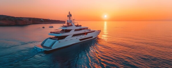 Luxury yacht sailing crystal clear waters horizon at sunset - obrazy, fototapety, plakaty