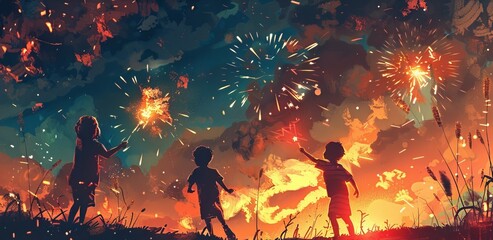 Children Playing with Fireworks on a Summer Night - obrazy, fototapety, plakaty
