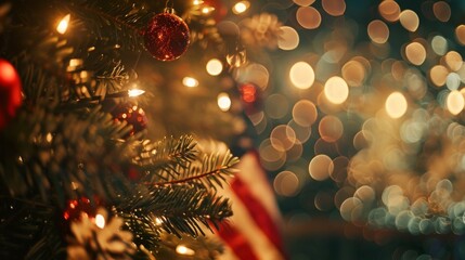 Obraz na płótnie Canvas Vintage Americana Style Christmas Tree with Bokeh Lights