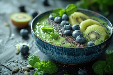 Nutritious matcha smoothie bowl with kiwi slices, blueberries, chia seeds, and mint leaves in a...