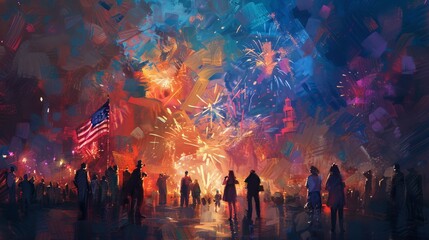 Colorful Painting of People Watching Fireworks on New Years Eve