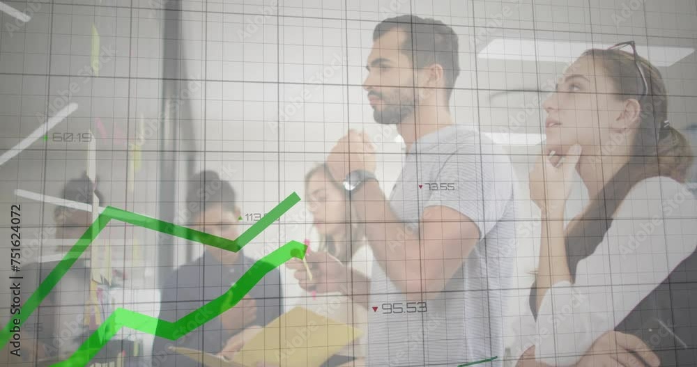 Poster animation of charts processing data over diverse colleagues brainstorming at casual office