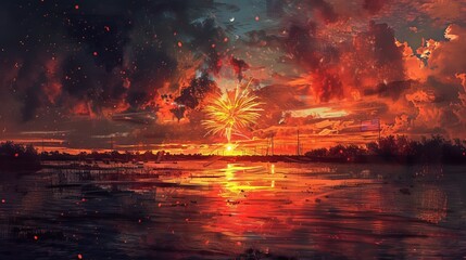 Vibrant Fireworks at Sunset in Anime Style