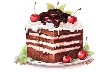 Delicious Creamy Chocolate Cake with Cherry Decoration on White Plate.