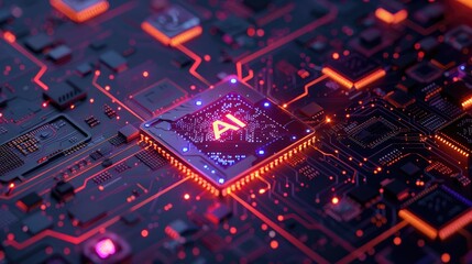 Computer mother board chip with AI text and glowing circuit background. Concept for artificial intelligence